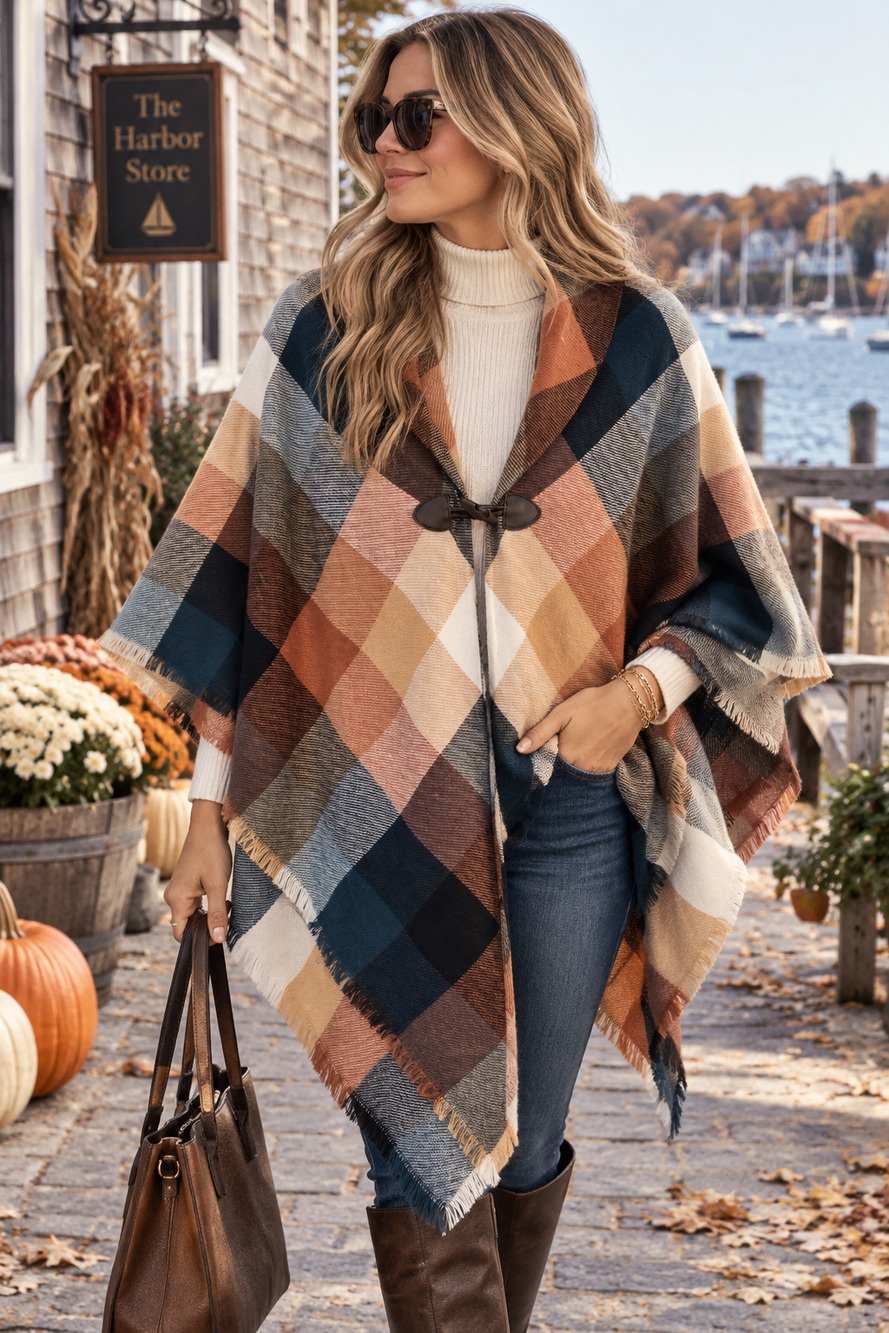 Fall festive plaid cozy cape / poncho Time & Tru Size L/XL Boho chic NWT